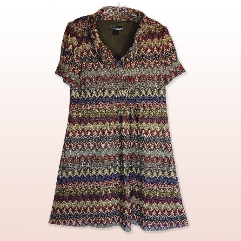 Jessica Howard Cowl Neck Dress Chevron Wavy Pattern Puff Sleeves Size 14P